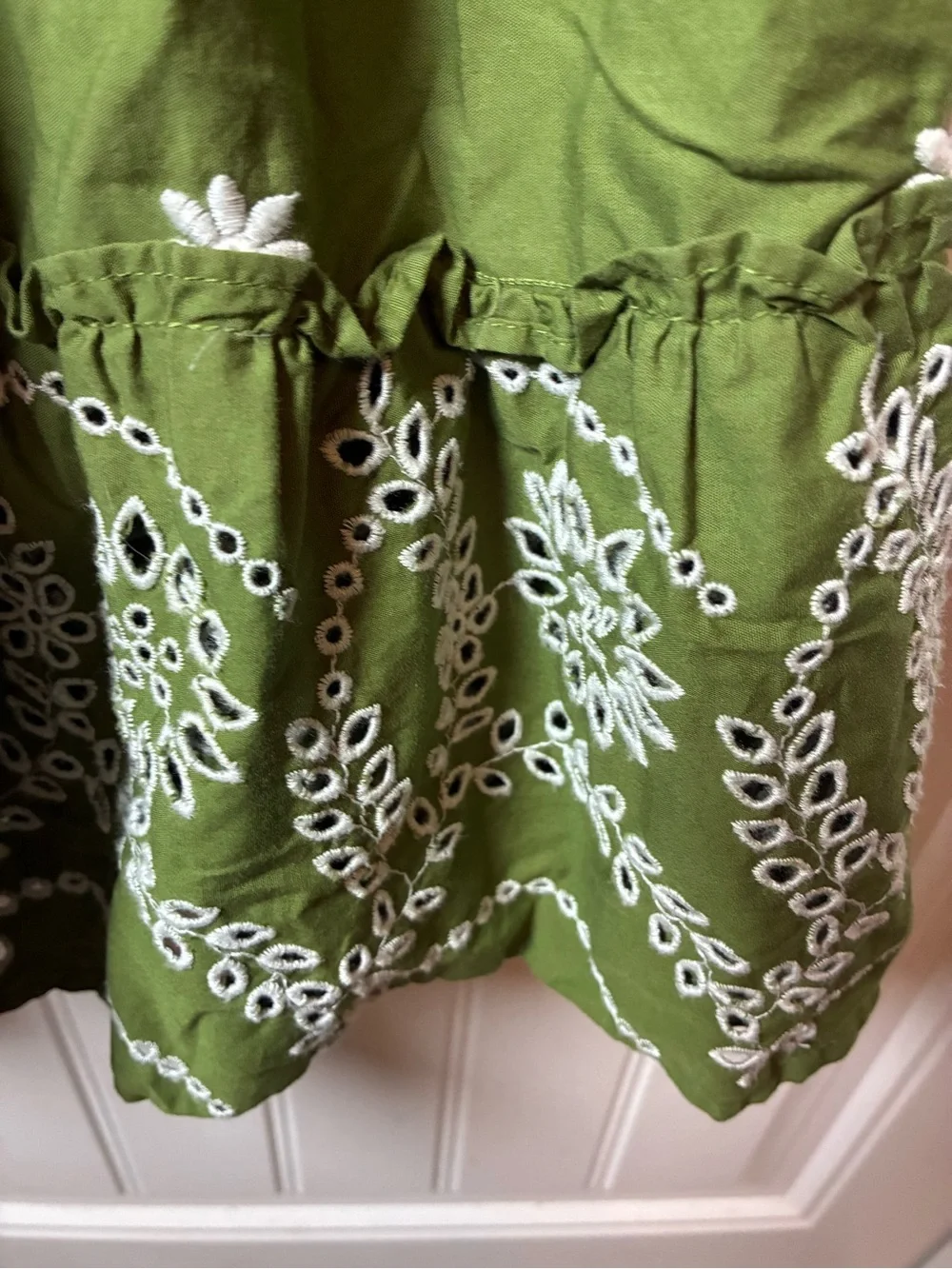 crown & ivy Olive Green Floral Embroidered Puff Sleeve Dress